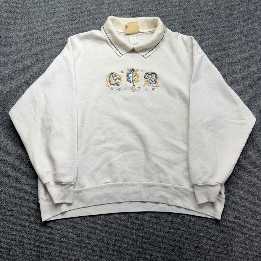 Vintage Top Stitch Morning Sun Embroidered Leaf Sweatshirt Cream Woman